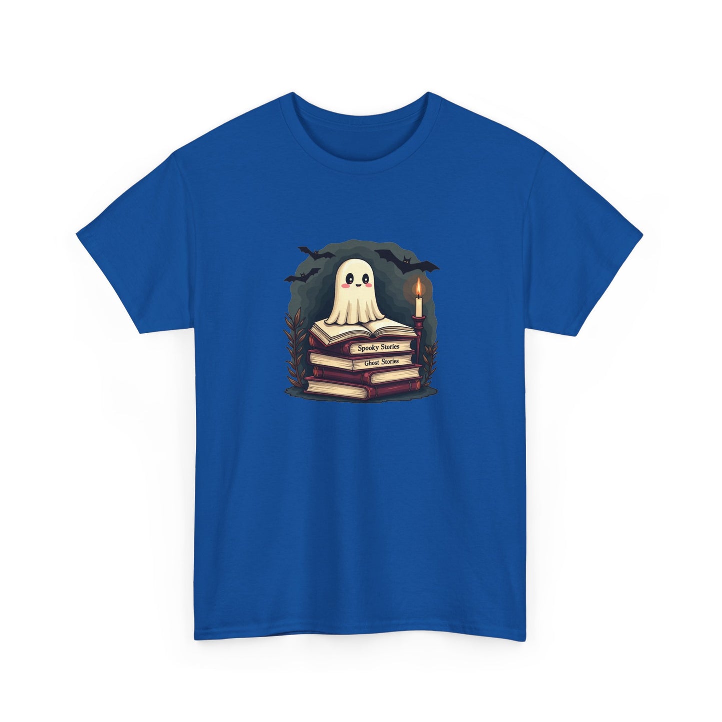 Ghost Reader T-Shirt — Cute Ghost on Stacked Books Halloween Tee