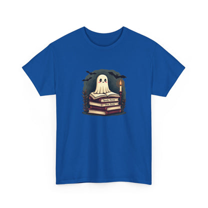 Ghost Reader T-Shirt — Cute Ghost on Stacked Books Halloween Tee