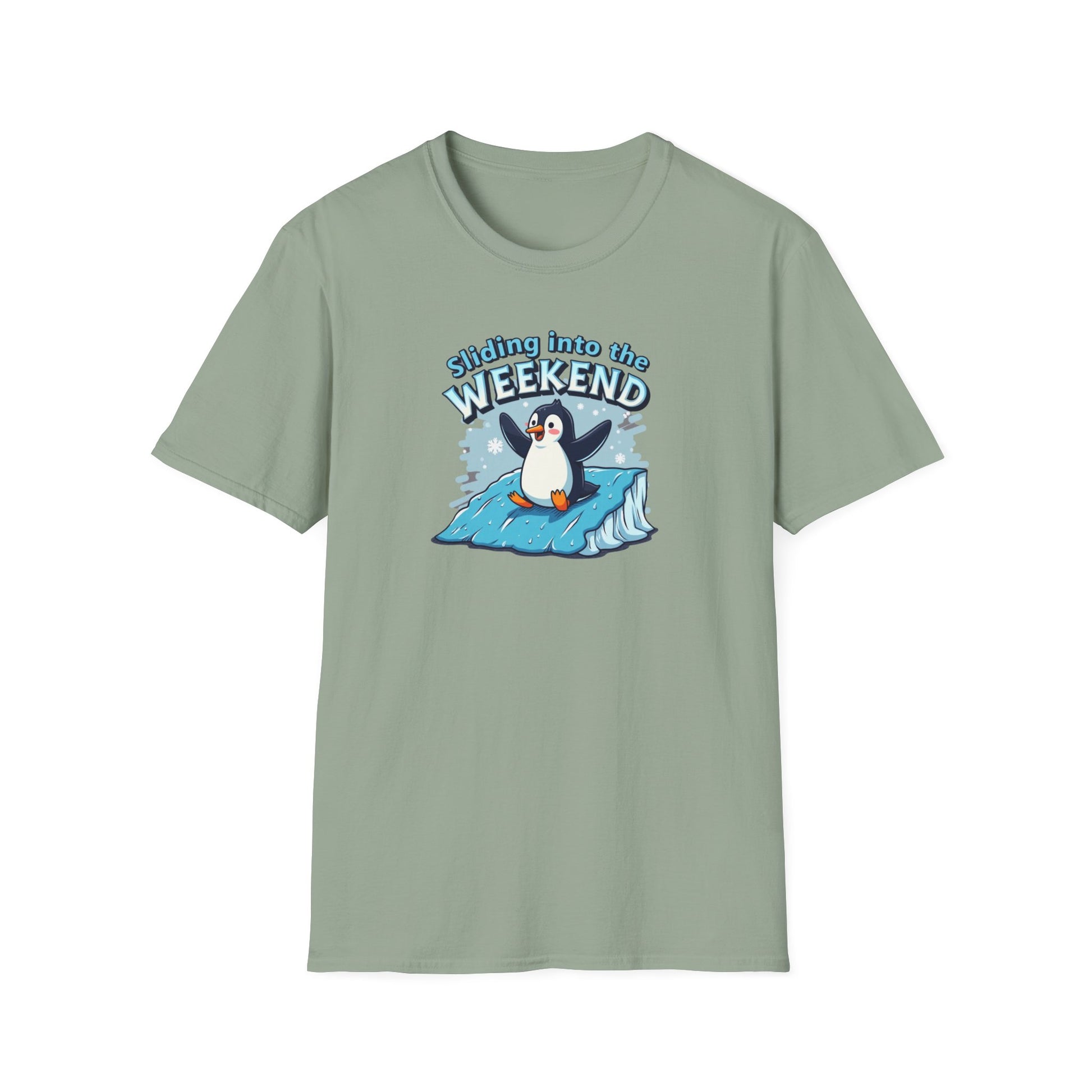 Sliding Penguin, Weekend Vibes T-Shirt, Funny Graphic Tee, Penguin Design Shirt, Casual Apparel, Unisex Softstyle T-Shirt - Psychonaut Swag