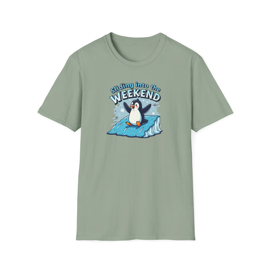 Sliding Penguin, Weekend Vibes T-Shirt, Funny Graphic Tee, Penguin Design Shirt, Casual Apparel, Unisex Softstyle T-Shirt - Psychonaut Swag