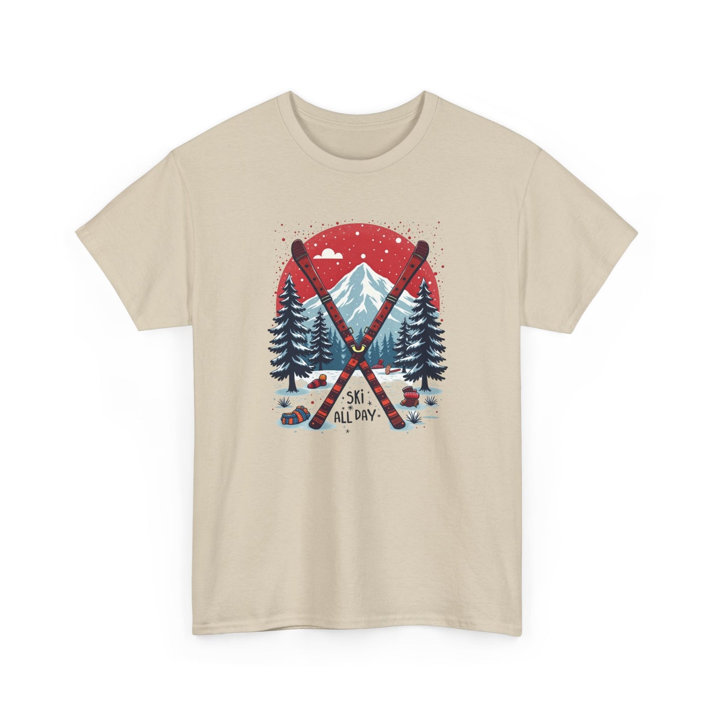 Ski All Day T-Shirt – Vintage Mountain Skis, Trees & Snow Graphic