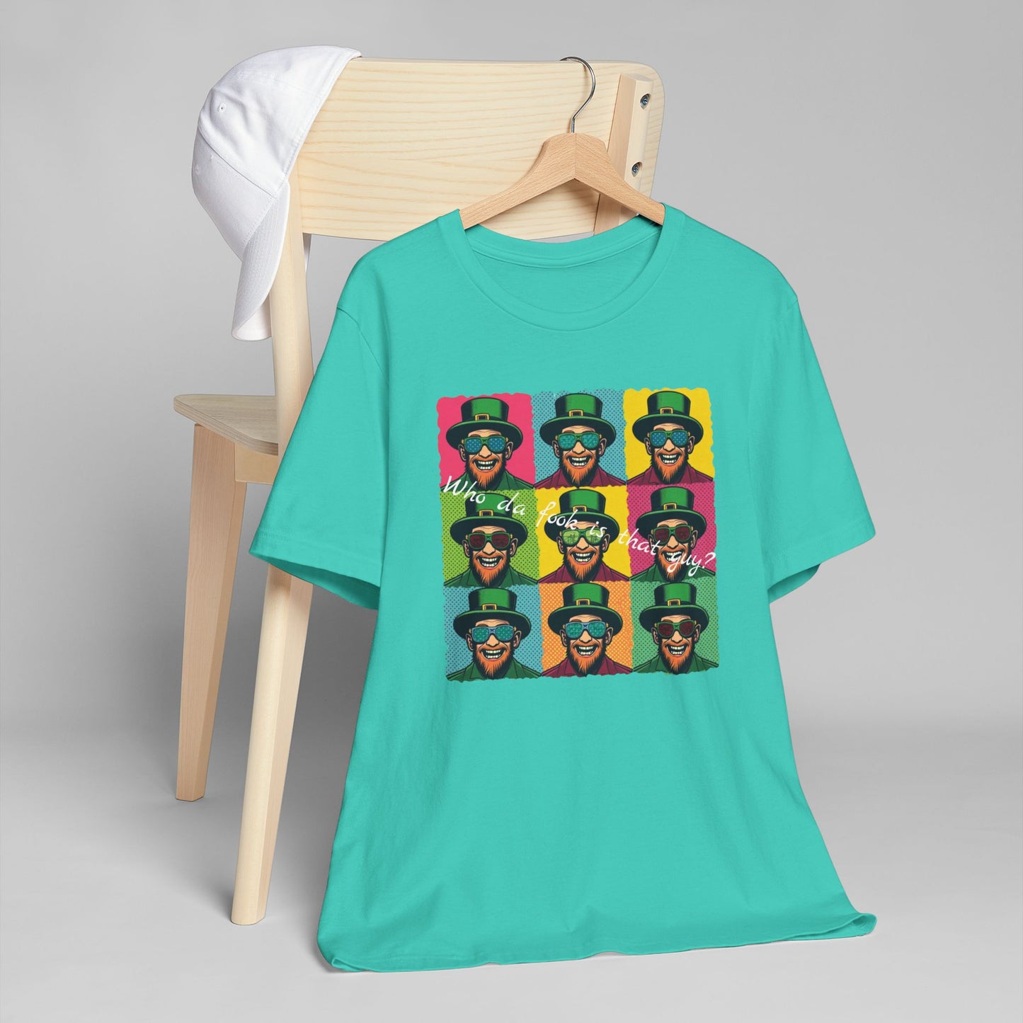Pop Art Leprechaun, Who da fook is that guy?” T-Shirt — Colorful St. Patrick’s Day Graphic Tee