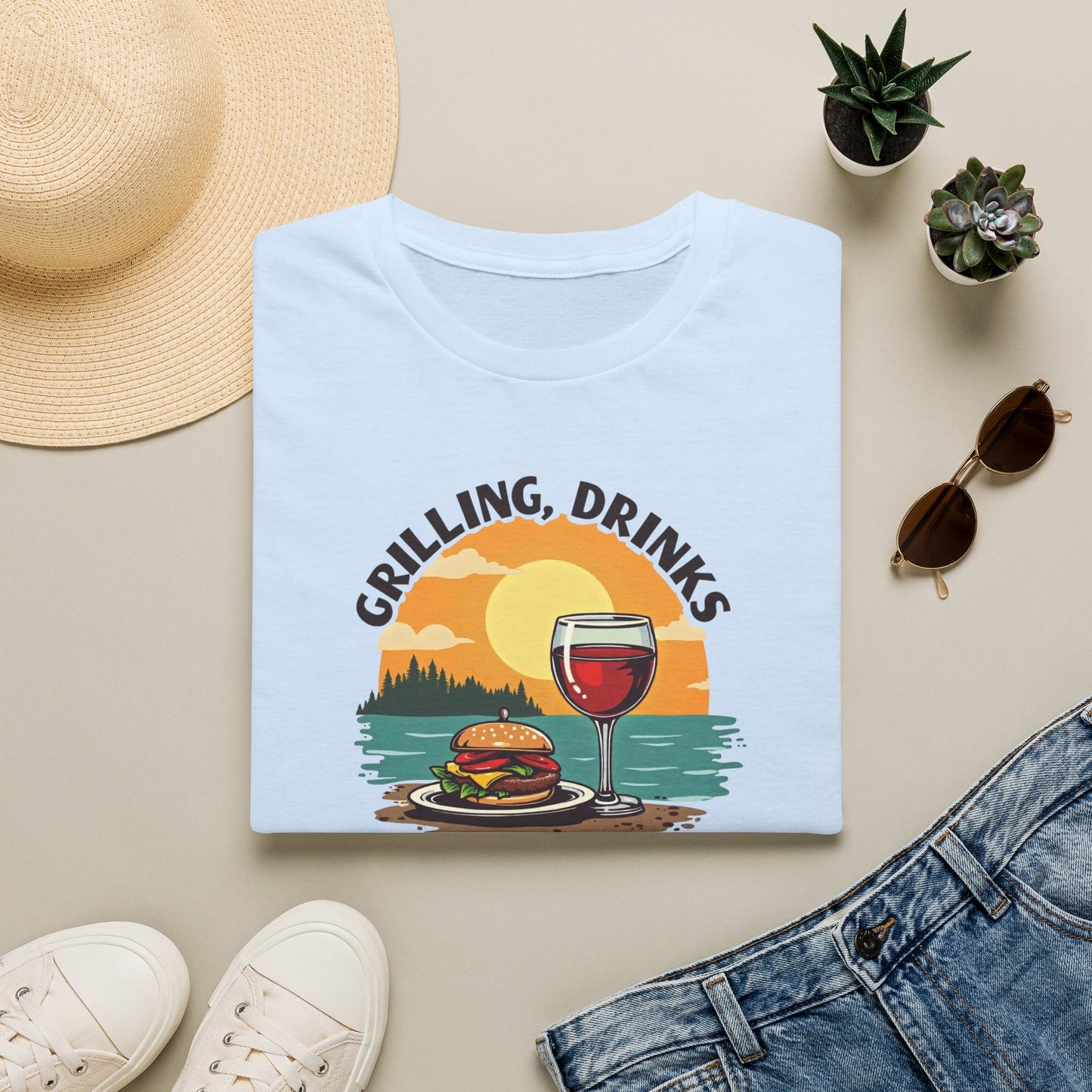 T-Shirt — Grilling, Drinks and Sunshine Retro Sunset BBQ Wine Tee