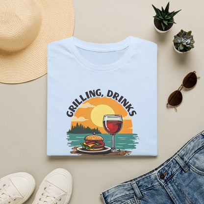 T-Shirt — Grilling, Drinks and Sunshine Retro Sunset BBQ Wine Tee