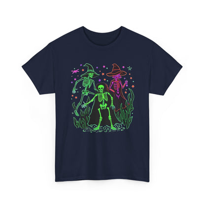 Halloween Neon Witches & Skeleton Tee — Retro Spooky Graphic T-Shirt