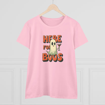 Here for Boos Halloween Ghost Tee — Funny Women’s Halloween T-Shirt with Cocktail Ghost