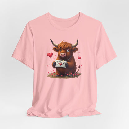 Valentine Highland Cow Tee — Cute Love Letter Bull Shirt