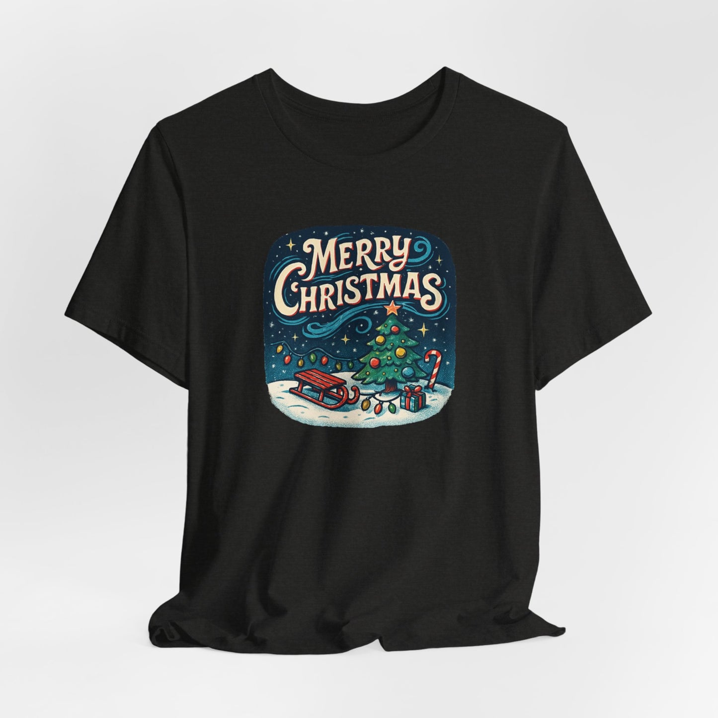 Merry Christmas Tee — Vintage Holiday Tree & Sled Graphic T-Shirt