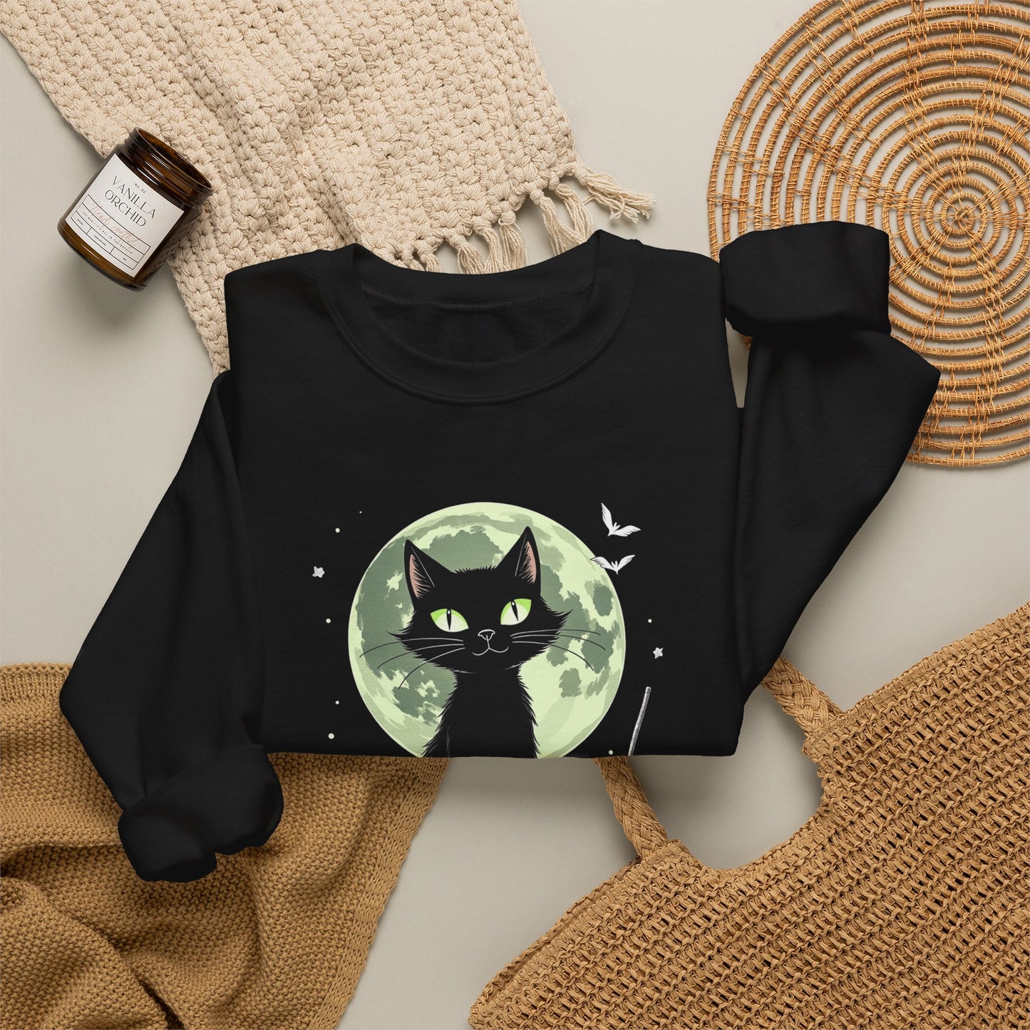 Black Cat Moon Crewneck Sweatshirt — Cute Witchy Cat Graphic