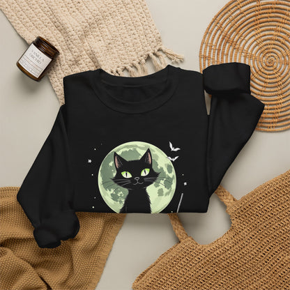 Black Cat Moon Crewneck Sweatshirt — Cute Witchy Cat Graphic