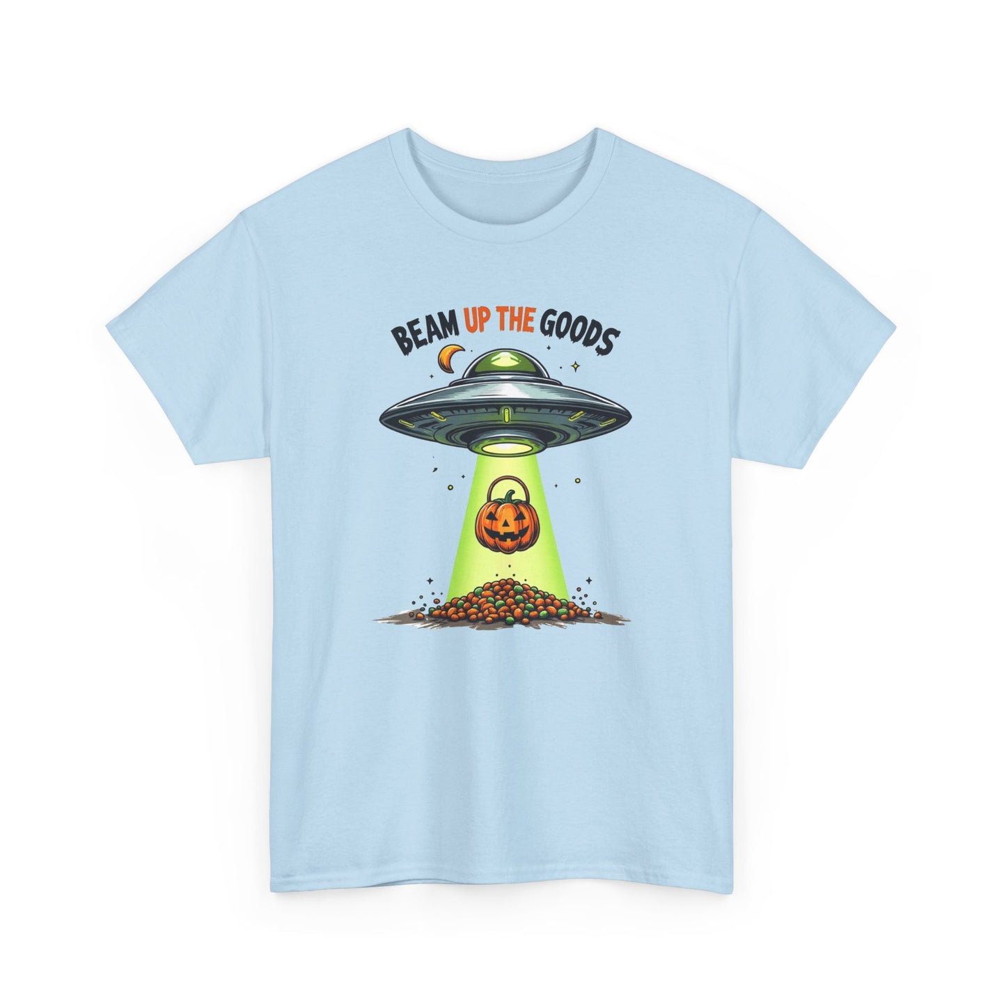 Halloween UFO T-Shirt — "Beam Up The Goods" Pumpkin Candy Abduction Tee