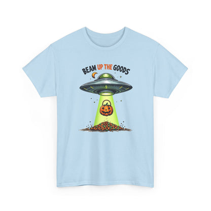 Halloween UFO T-Shirt — "Beam Up The Goods" Pumpkin Candy Abduction Tee