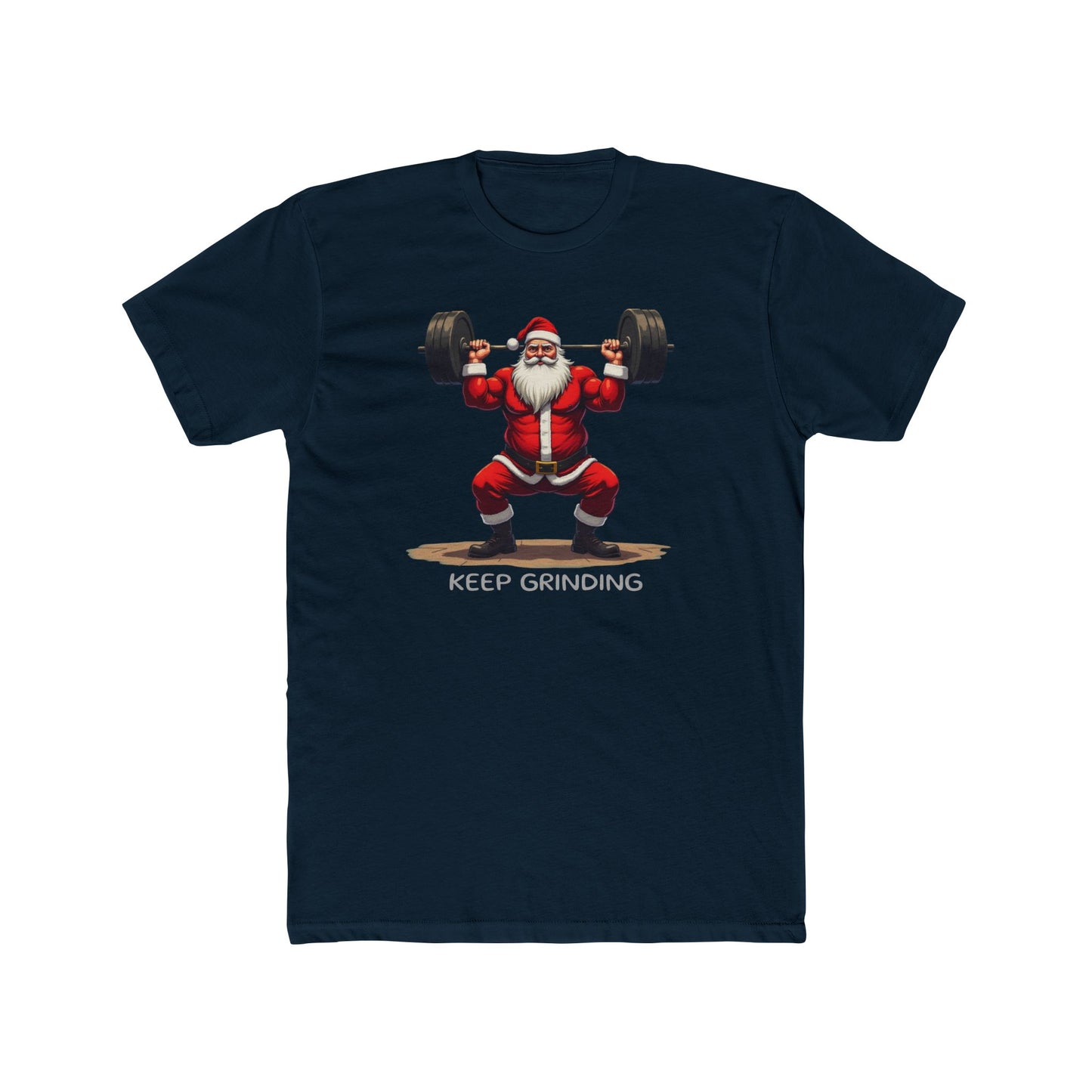 Santa Weightlifter, KEEP GRINDING T‑Shirt — Funny Christmas Gym Tee