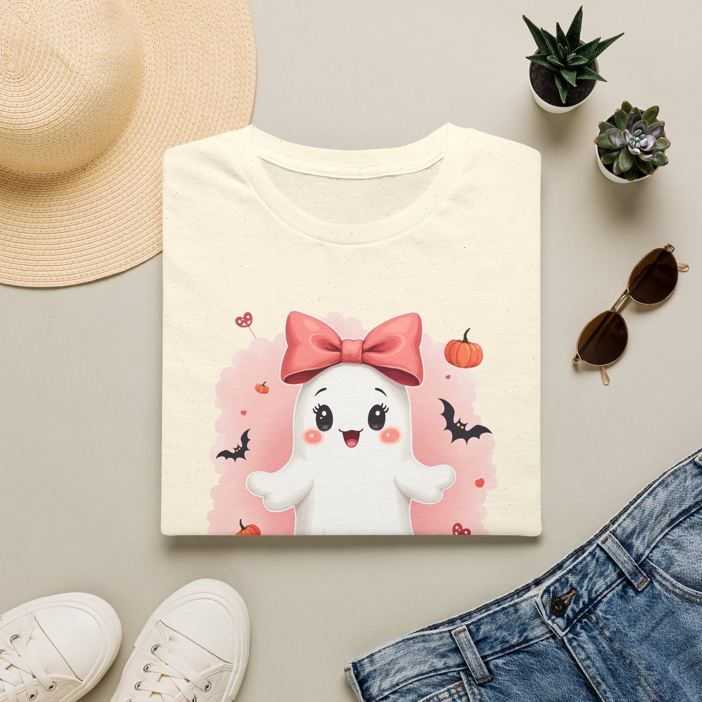 Cute Halloween Ghost T-Shirt — Pink Bow Ghost with Pumpkins & Bats