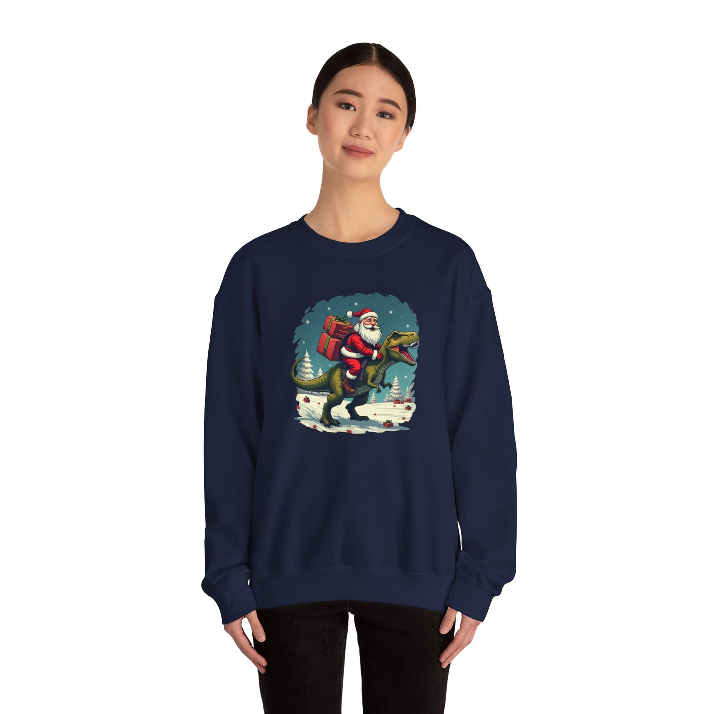 Santa Dashing through on a Dinosaur Sweatshirt — Santa Riding T-Rex Holiday Crewneck