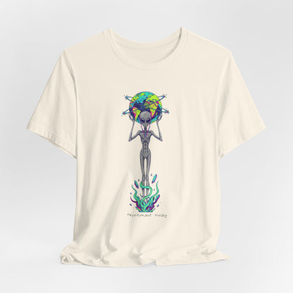 Alien Holding Earth Graphic Tee — Cosmic Sci‑Fi Alien Shirt
