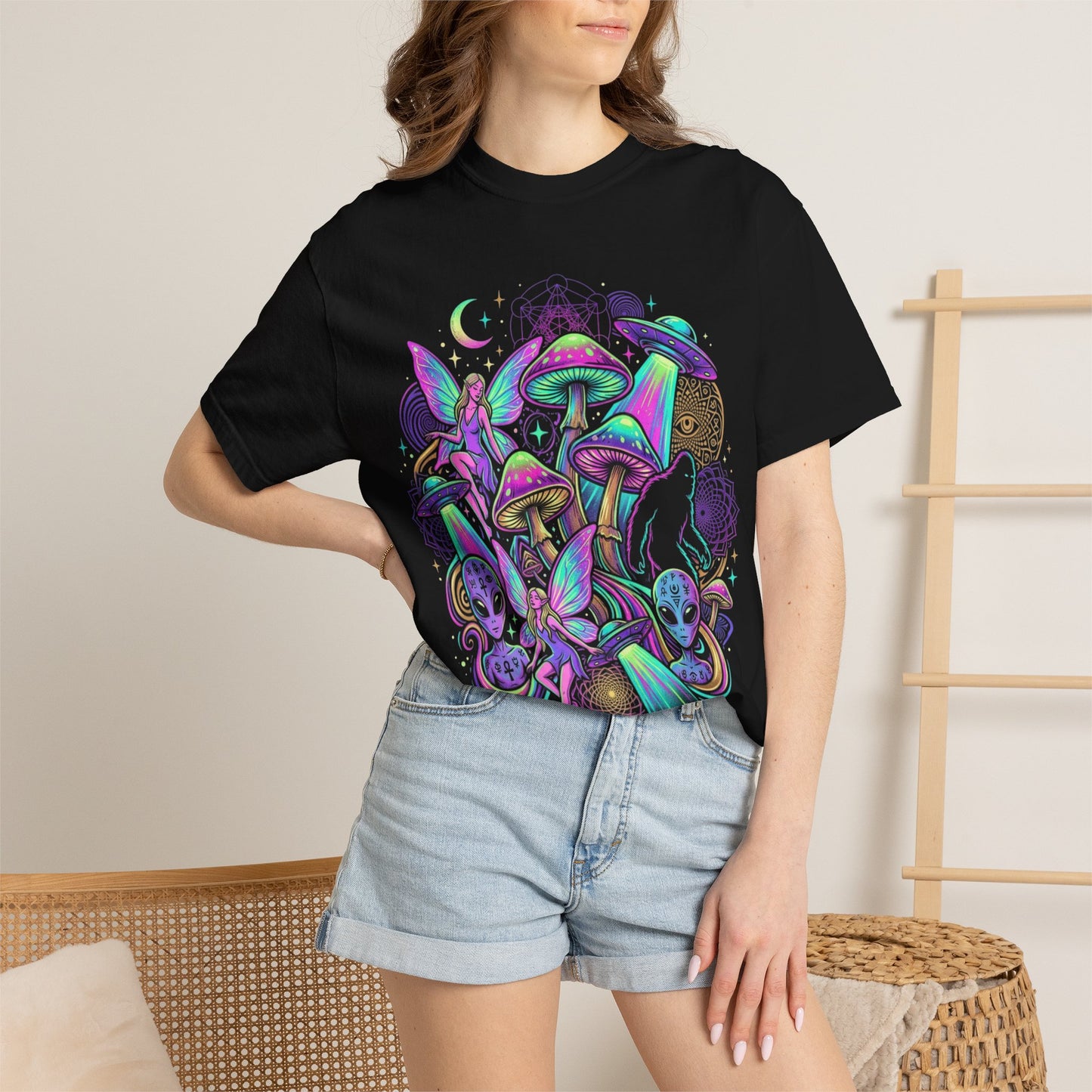 Psychedelic Mushroom Graphic T-Shirt — Neon Space Trippy Art