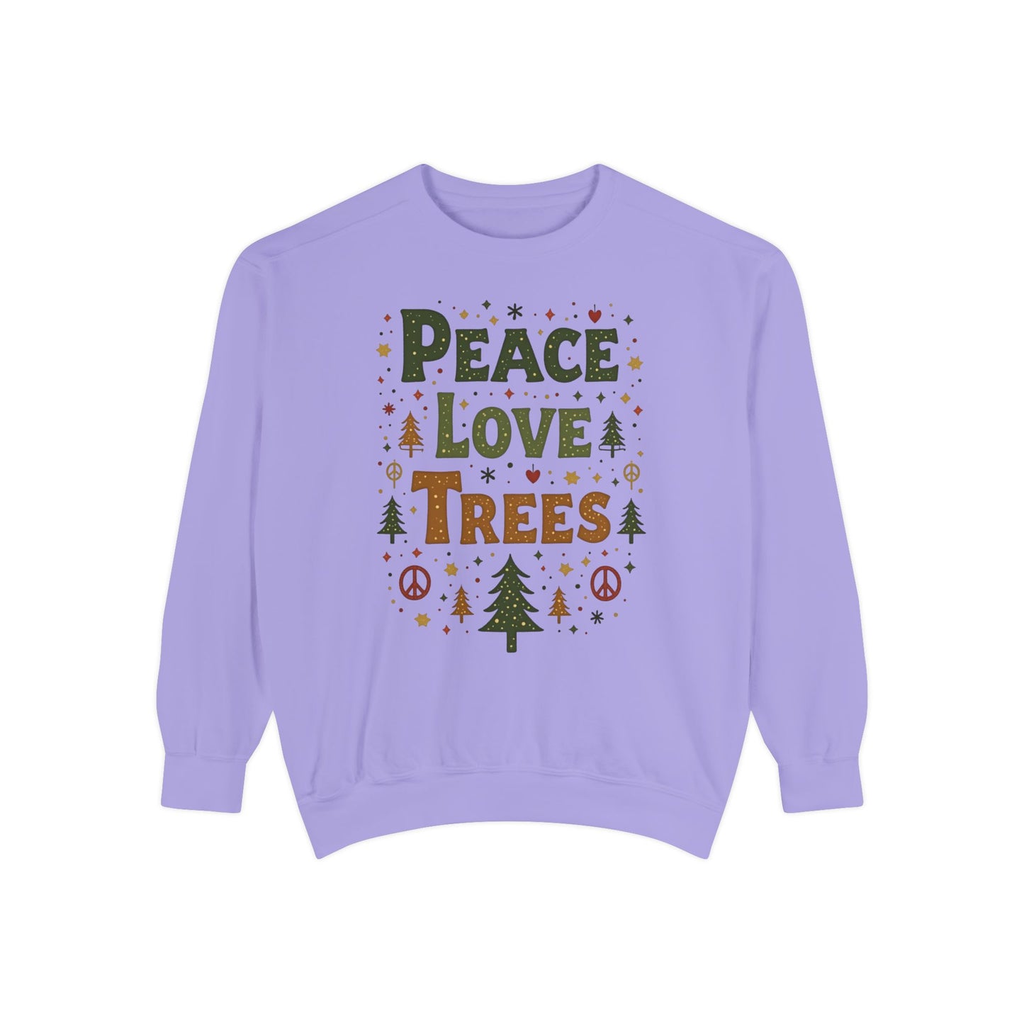 Peace Love Trees Sweatshirt — Eco Holiday Tree Graphic Sweatshirt