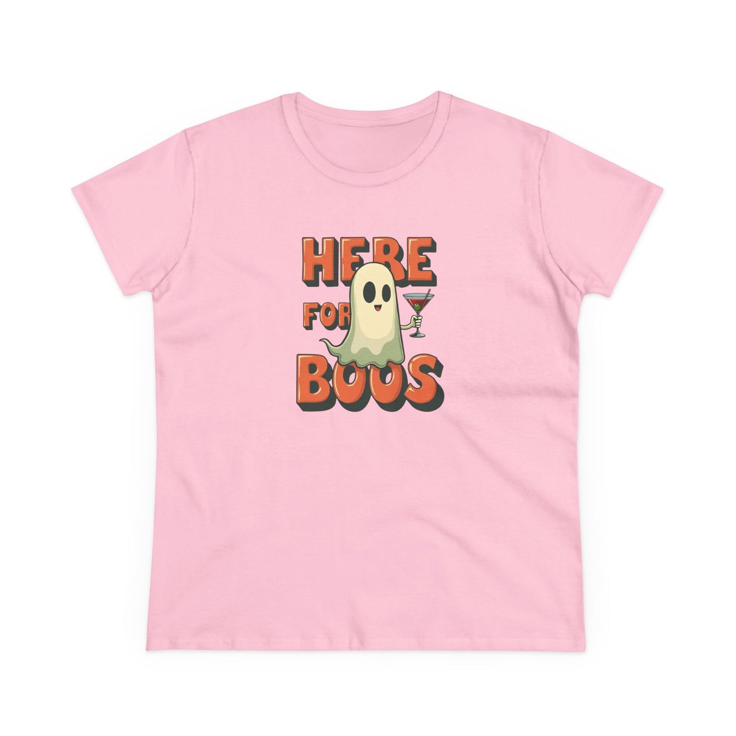 Here for Boos Halloween Ghost Tee — Funny Women’s Halloween T-Shirt with Cocktail Ghost