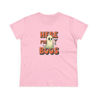 Here for Boos Halloween Ghost Tee — Funny Women’s Halloween T-Shirt with Cocktail Ghost