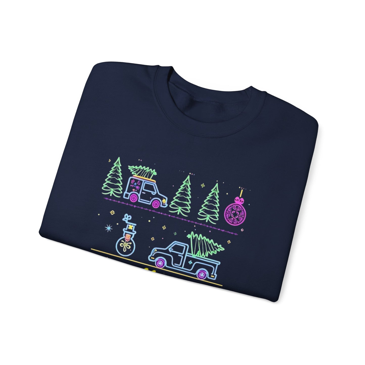 Christmas Crewneck Sweatshirt — Neon Holiday Tree "Merry Christmas" Design