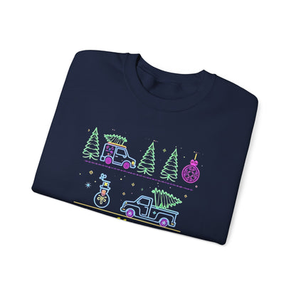 Christmas Crewneck Sweatshirt — Neon Holiday Tree "Merry Christmas" Design