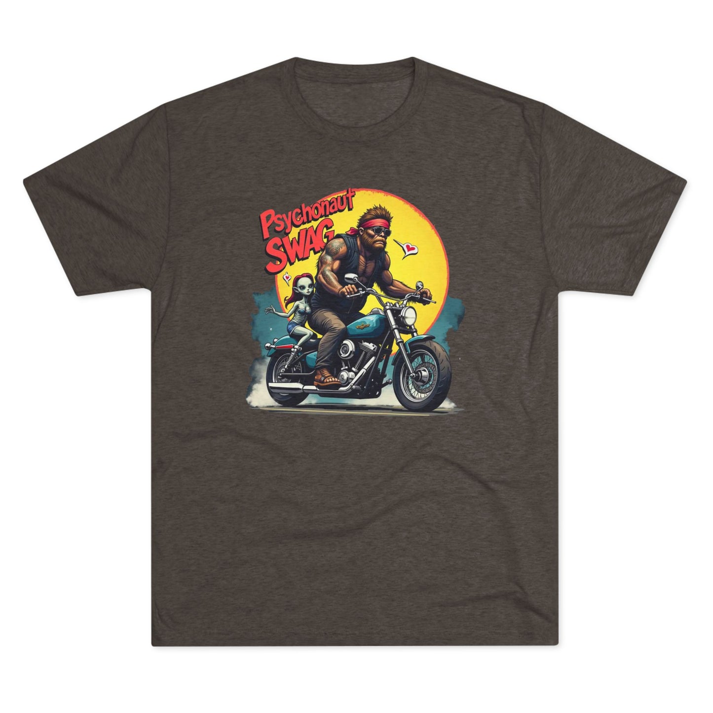 Psychonaut Swag Bigfoot on Motorcycle T-Shirt — Retro Biker Graphic Tee