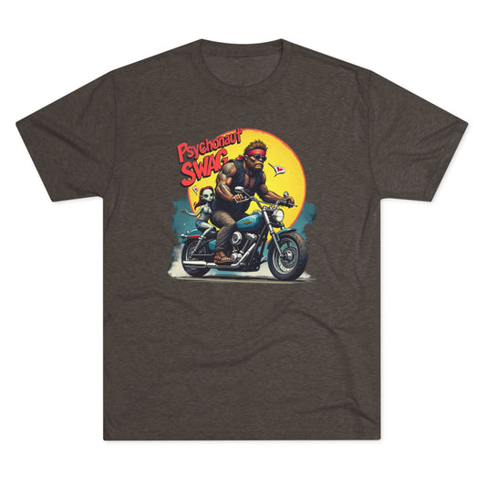 Psychonaut Swag Bigfoot on Motorcycle T-Shirt — Retro Biker Graphic Tee