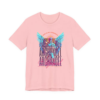 St. Gabriel Angel Tee — "God Is My Strength" Neon Graphic T-Shirt