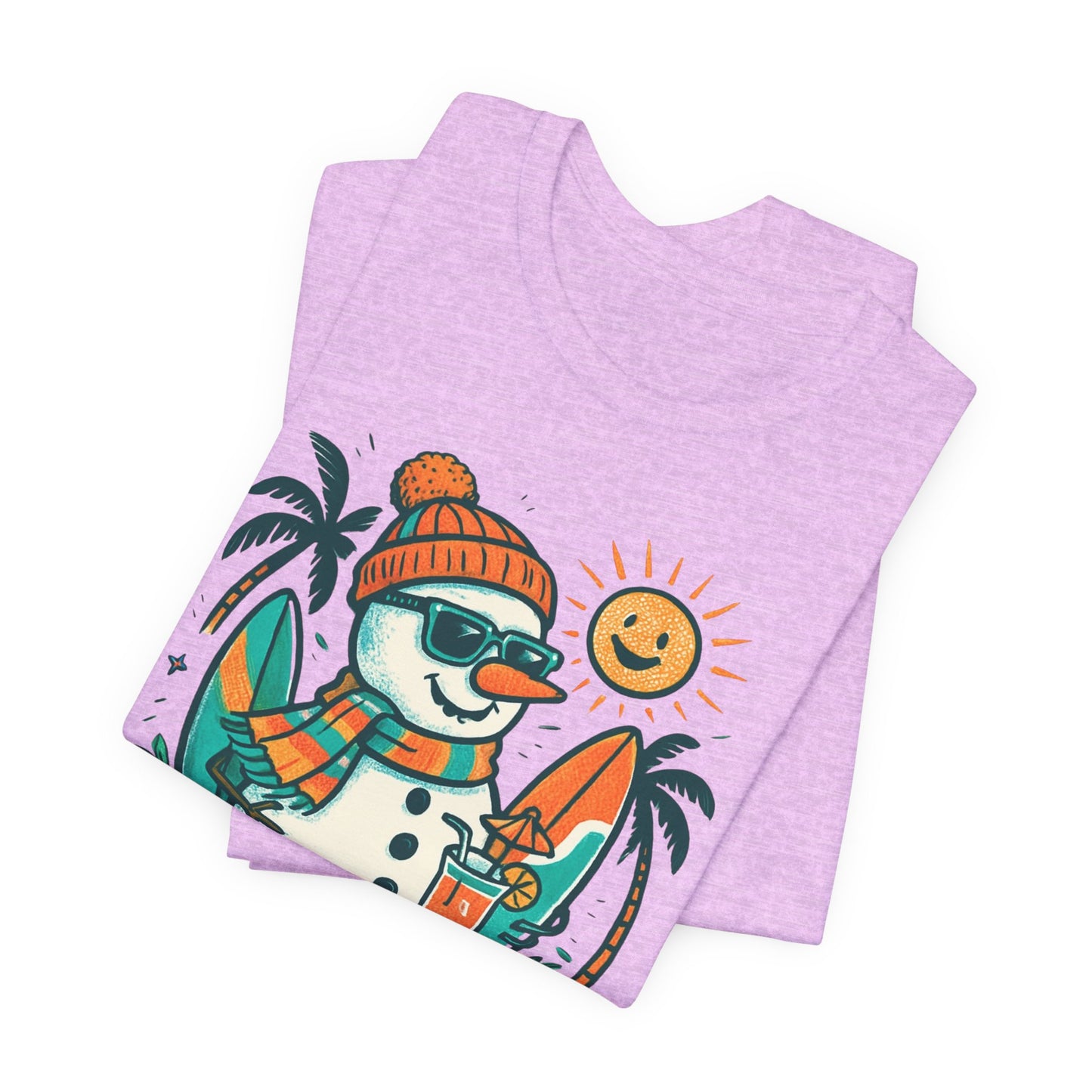 Frosty on Vacation Graphic Tee — Surfing Snowman with Drink Summer Holiday T-Shirt