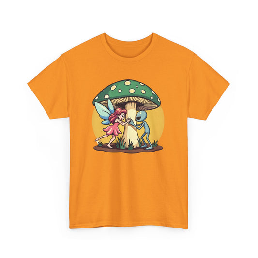 Alien chased by Fairy, Mushroom Unisex Heavy Cotton Tee - Psychonaut Swag