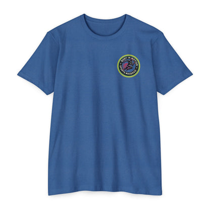 Sports Massage, Retro Camper Badge T-Shirt — Vintage RV Travel Logo Tee