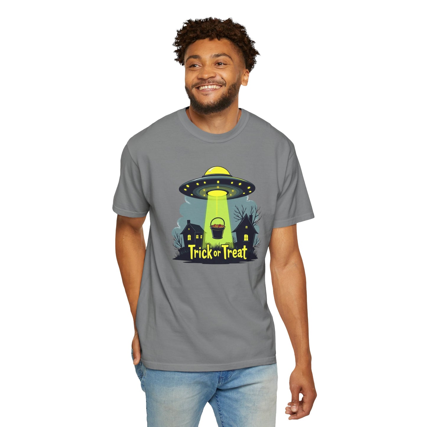 Halloween UFO Trick or Treat T-Shirt — Alien Abduction Spooky Tee