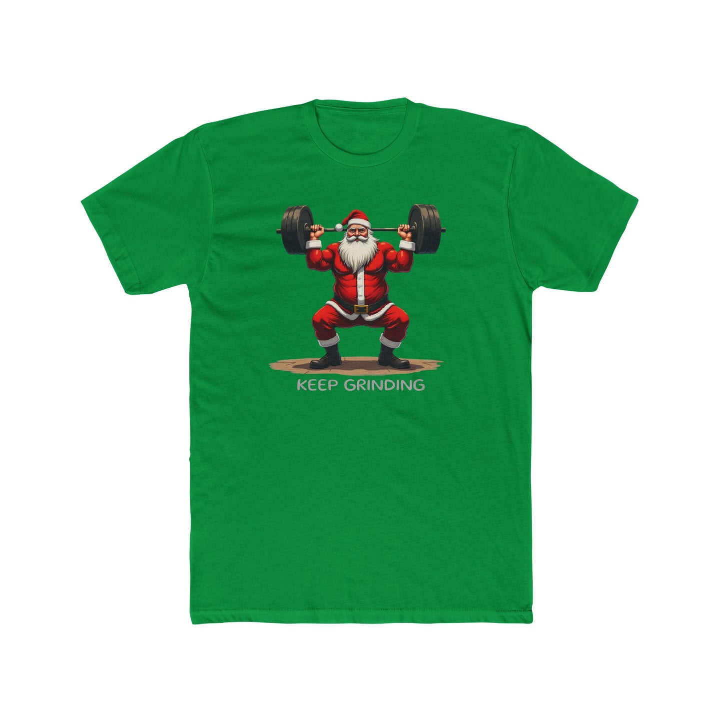 Santa Weightlifter, KEEP GRINDING T‑Shirt — Funny Christmas Gym Tee