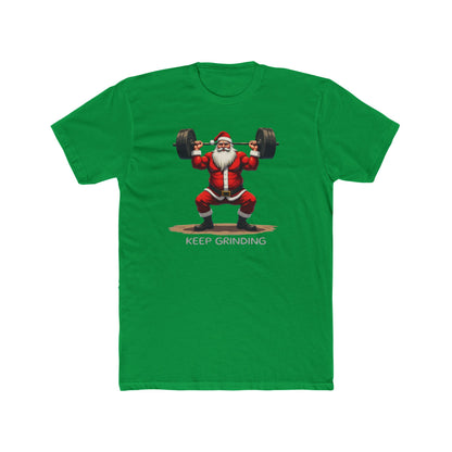 Santa Weightlifter, KEEP GRINDING T‑Shirt — Funny Christmas Gym Tee