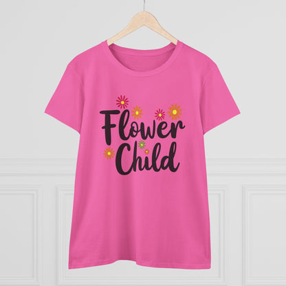 Flower Child Women's Midweight Cotton Tee - Boho Vintage Style Shirt for Everyday Wear - Psychonaut Swag