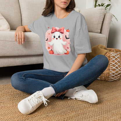 Cute Halloween Ghost T-Shirt — Pink Bow Ghost with Pumpkins & Bats