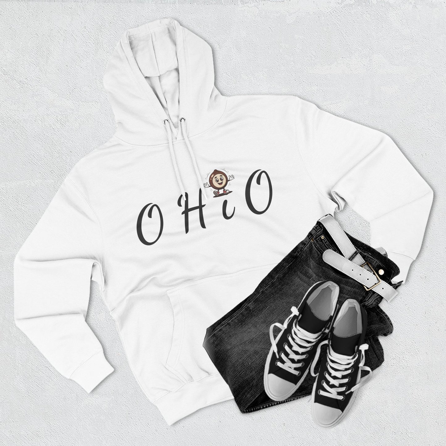 Ohio Script Hoodie with Cute Buckeye Mascot