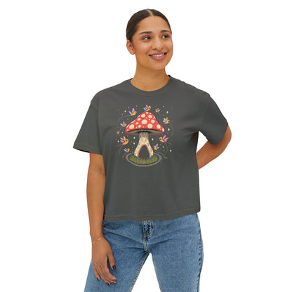 Mushroom Fairy House Boxy Tee — Whimsical Nature Graphic Shirt for Women
