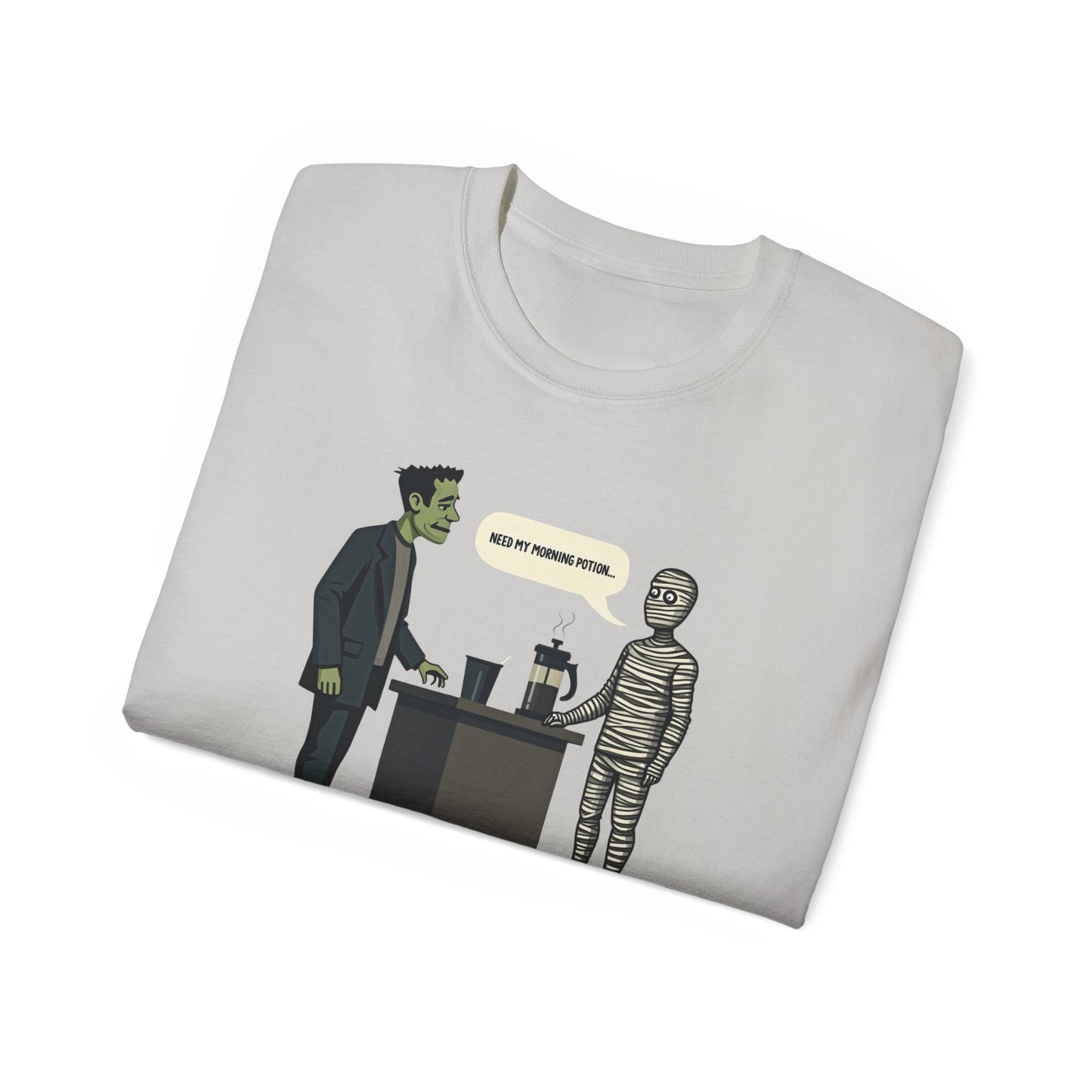 Funny Halloween Tee — Frankenstein & Mummy Coffee Joke Shirt