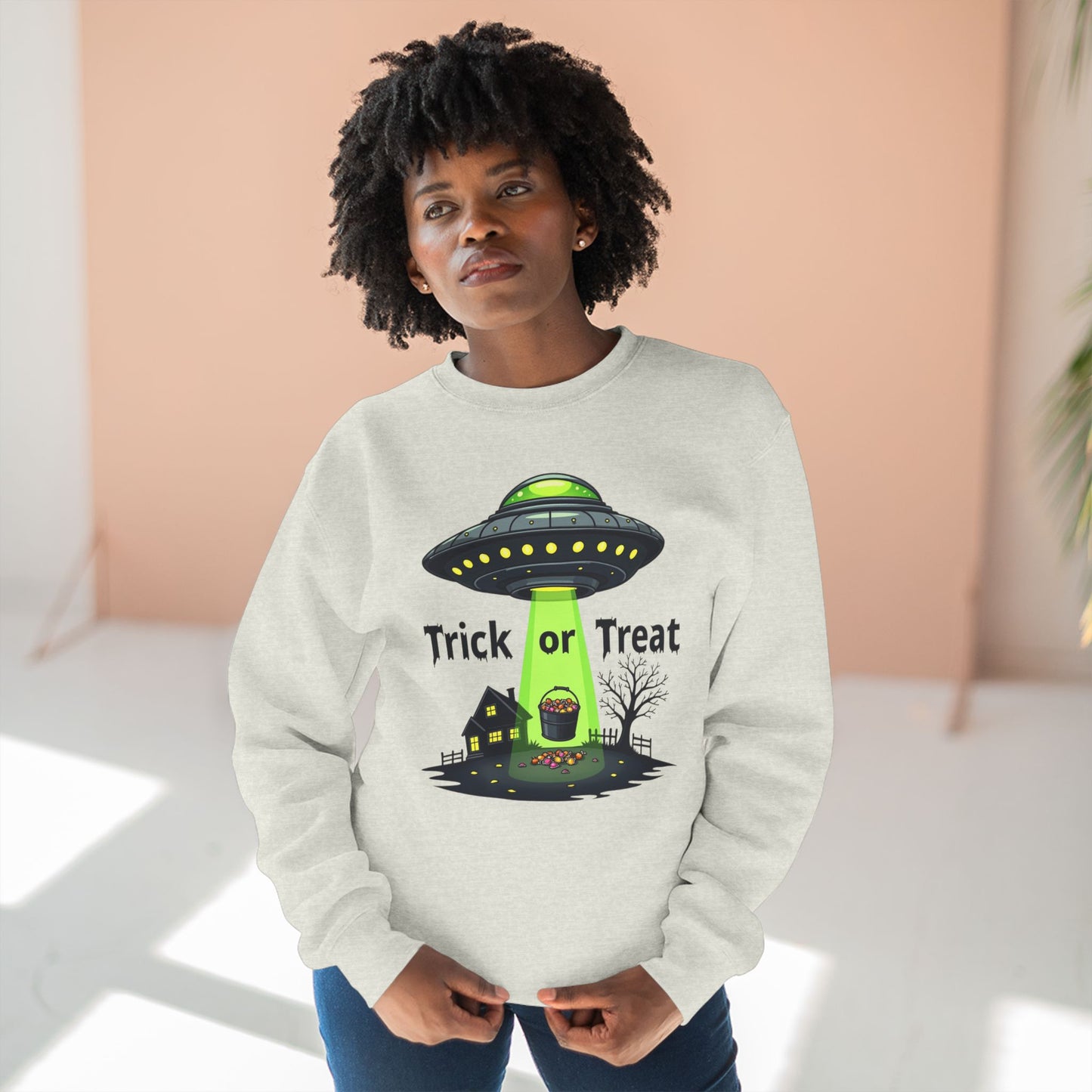 Halloween UFO Sweatshirt - "Trick or Treat" Alien Abduction Crewneck