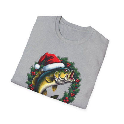 Christmas Wreath Bass Fishing T-Shirt — Santa Hat Fish Holiday Tee
