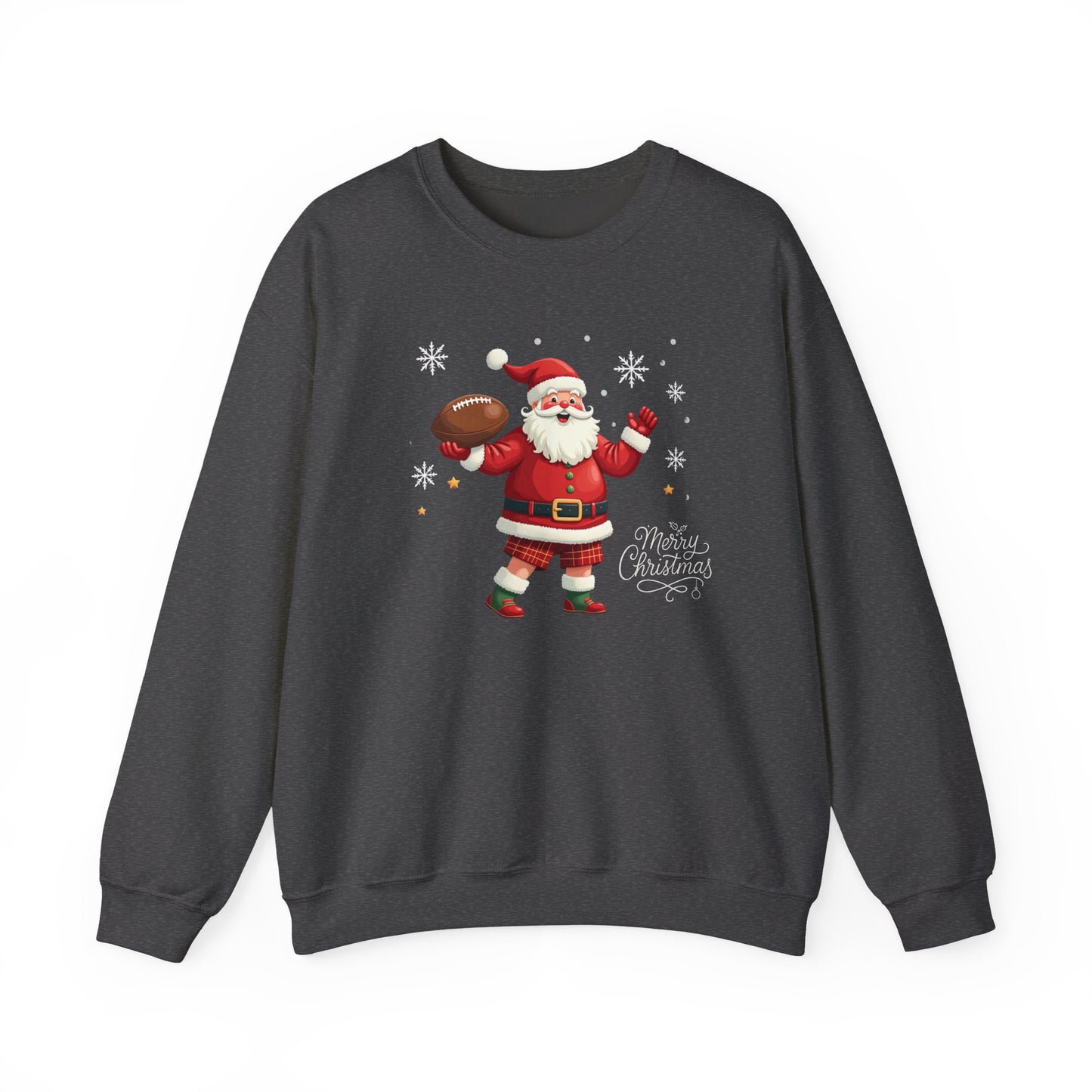 Santa Throwing Football, Christmas Sweatshirt - Jolly Santa with 'Merry Christmas' Graphic