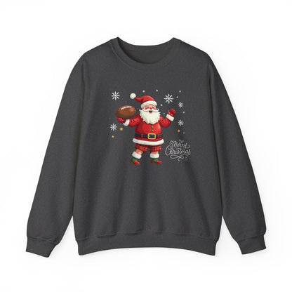 Santa Throwing Football, Christmas Sweatshirt - Jolly Santa with 'Merry Christmas' Graphic