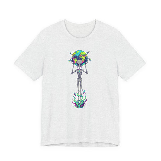 Alien Holding Earth Graphic Tee — Cosmic Sci‑Fi Alien Shirt
