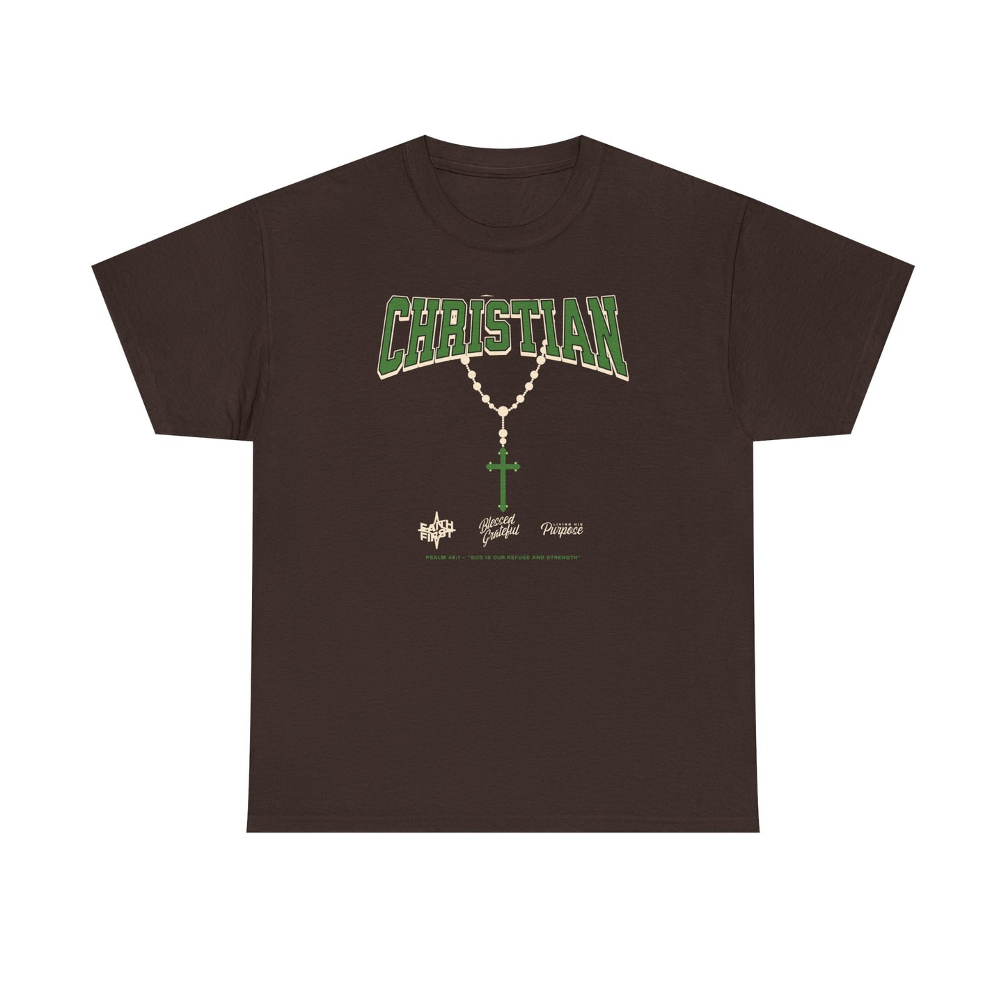 Christian Graphic Tee — Green Rosary Cross Shirt