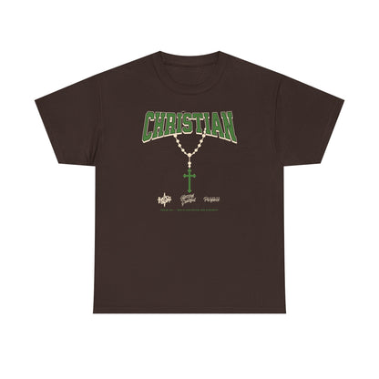 Christian Graphic Tee — Green Rosary Cross Shirt