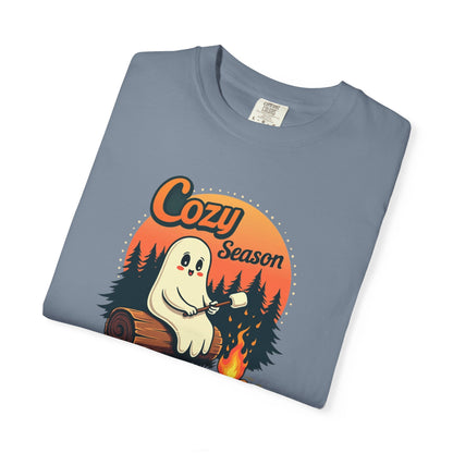 Cozy Season Ghost Tee — Campfire Autumn Graphic T-Shirt