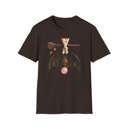 Bat and Bubblegum Unisex Softstyle T-Shirt, Halloween Top, Whimsical Graphic Tee, Cute Gift for Animal Lovers, Fall Vibes