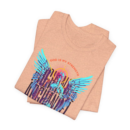St. Gabriel Angel Tee — "God Is My Strength" Neon Graphic T-Shirt
